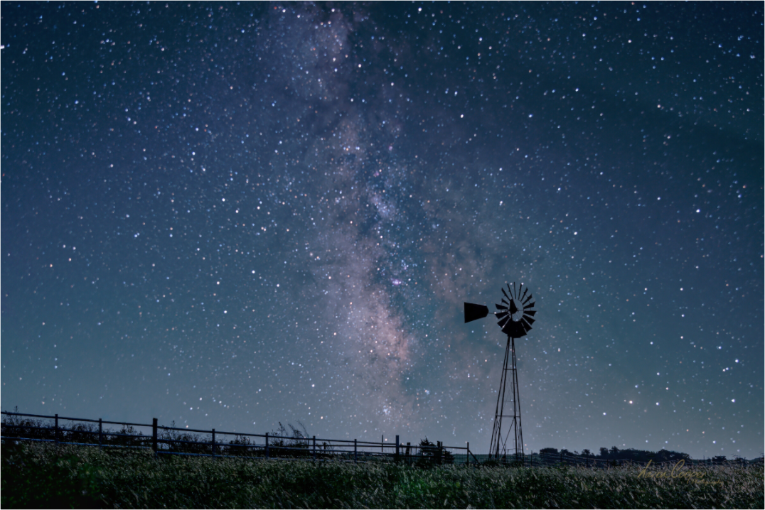 Old windmill beneath the Milky Way near Welch, Oklahoma