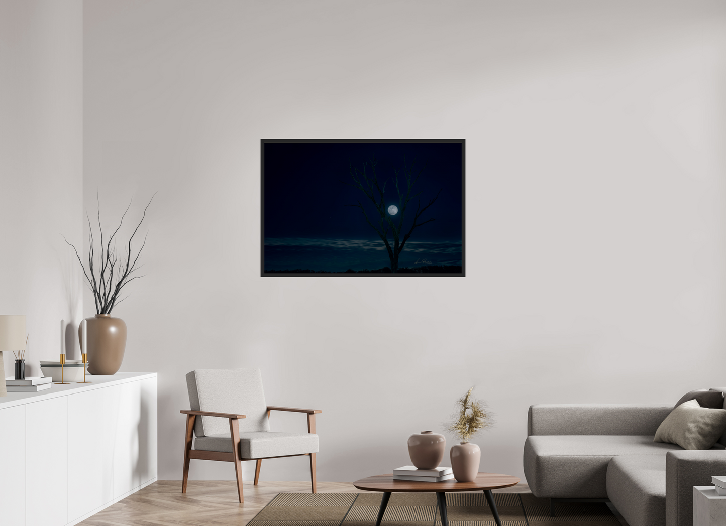 45 x 30″, Gallery Frame Held by the Snow Moon